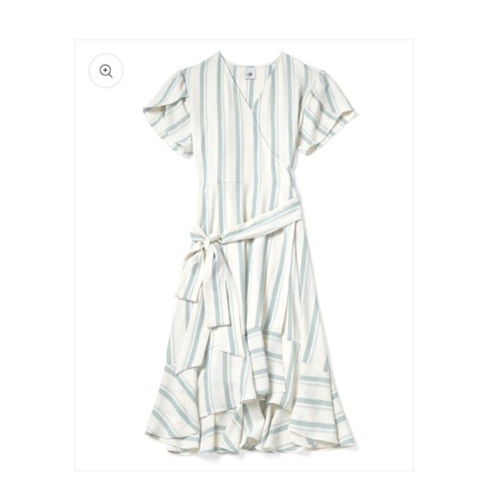 Cabi Boardwalk Wrap Dress #6591 Sz L White Blue Green Striped Coastal Flattering
